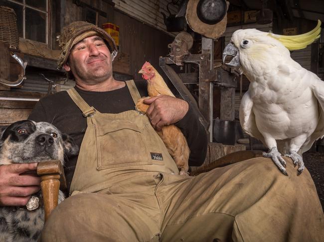 Bendigo local Paul Boromeo AKA The Eccentric Bushman is an award winning artist who enjoys dressing up and being photographed with animals in country/bush environments from which Paul makes prints and postcards. Paul has built an old style country shed in the backyard of his suburban residence in Kangaroo Flat. CONTACT: 0409 189 489.The Eccentric Bushman poses for a photo with mates Patch (dog), Elliot (cockatoo) and Ethel (chook). Picture: Jake Nowakowski