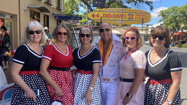 Robyn Power, Margaret Thompson, Suzanne Sharp, Andrew Coulson and Lisa Coulson, and Vanessa Wheeler from Sydney at the Elvis Festival in Parkes.