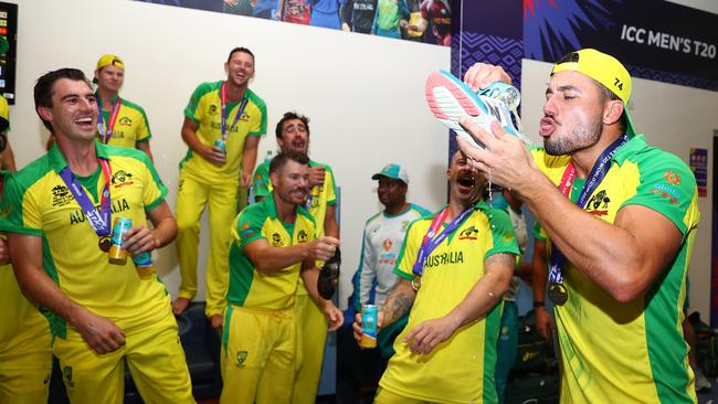 Marcus Stoinis leads the celebrations in the changing rooms. Picture: Getty Images