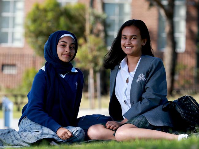 Rifah Ahmed and Aisheeya Huq, both 16, from Auburn Girls High, are planning to attend Friday’s climate change protest in the city. Picture: Toby Zerna