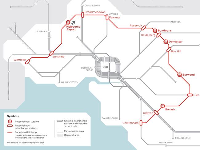 A proposed map of the Suburban Rail Loop. Map: State Government