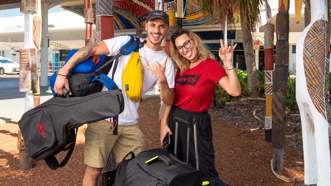 Antonio Mezzadoni and Ingrid Ieremie, from the Gold Coast, flew into Darwin International Airport yesterday. They intend to stay indefinitely. Picture: Che Chorley