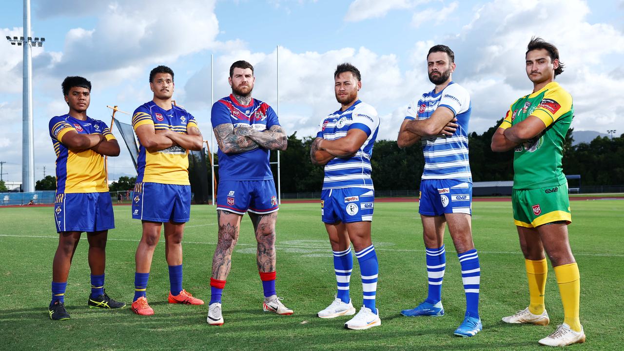 Far North Queensland Rugby League will host three grand final matches this Saturday, with the Under 19s, the reserve grade and the A grade men's teams playing for the premiership trophy. Cairns Kangaroos Under 19s captain Sario Nakata, reserve grade prop Jarom Mairu, Ivanhoe Knights A grade captain Josh Dugan, Cairns Brothers A grade captain Jordan Biondi-Odo, reserve grade captain/coach Luke Fleming and Mareeba Gladiators Under 19s captain Jamie Corcio will do battle for grand final glory at Barlow Park on Saturday. Picture: Brendan Radke