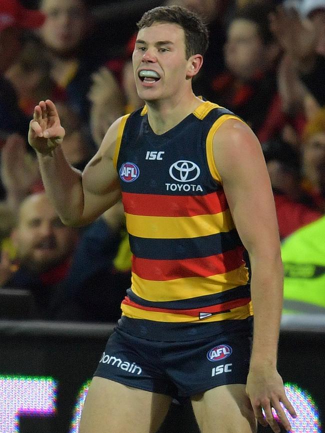 Mitch McGovern of the Crows reacts after a goal during the Round 22 loss against Sydney.