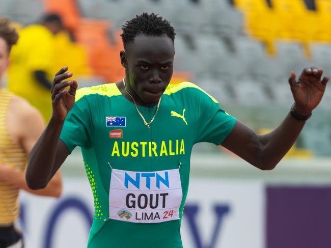 Gout Gout in action at the world junior athletics championships in Lima, Peru. Photo: Andrew Hilditch/Athletics Australia