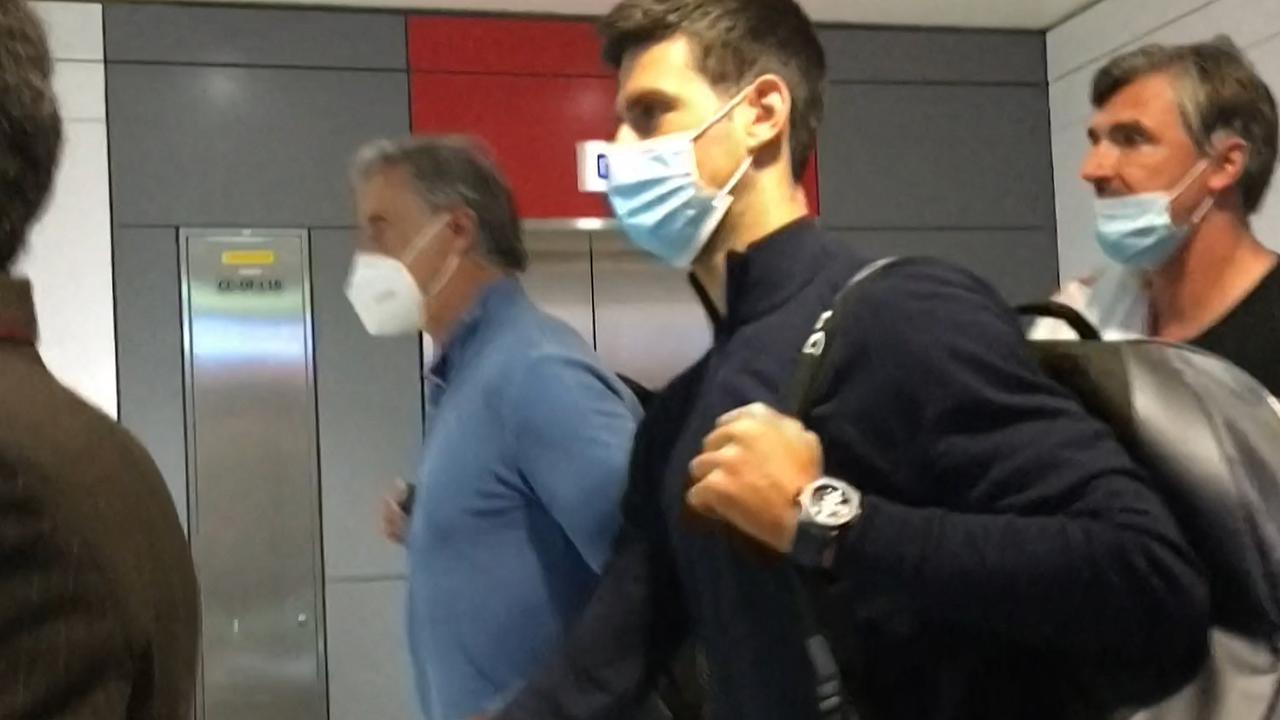 Serbia’s Novak Djokovic as he disembarks from his plane at the airport in Dubai. Photo by AFPTV / AFP