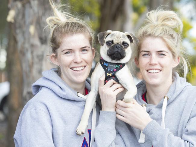 Macarthur Chronicle - Pictured LTR: Twin sisters Kirsten Chapman (27) and Makaela Potts (27) with Leo (5 months) of Narellan Vale NSW (CONTACT PHOTOGRAPHER FOR PHONE NUMBER) - Campbelltown Pug Club held a Pug meet and greet along with a few casual races at Mary Brookes Park, Kellerman Drive, Campbelltown NSW Australia. Other breeds of dog were also invited to race.