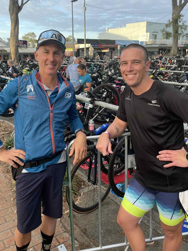 Scott Ovenden and Reece Jarman at the Hervey Bay 100 Triathlon on Sunday, November 26, 2023.