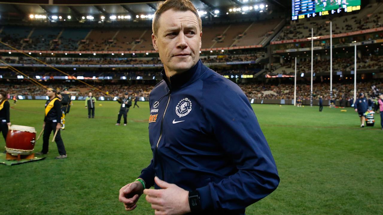MELBOURNE, AUSTRALIA - JULY 10: John Barker, Interim Coach of the Blues looks on during the 2015 AFL round 15 match between the Richmond Tigers and the Carlton Blues at the Melbourne Cricket Ground, Melbourne, Australia on July 10, 2015. (Photo by Adam Trafford/AFL Media/Getty Images)