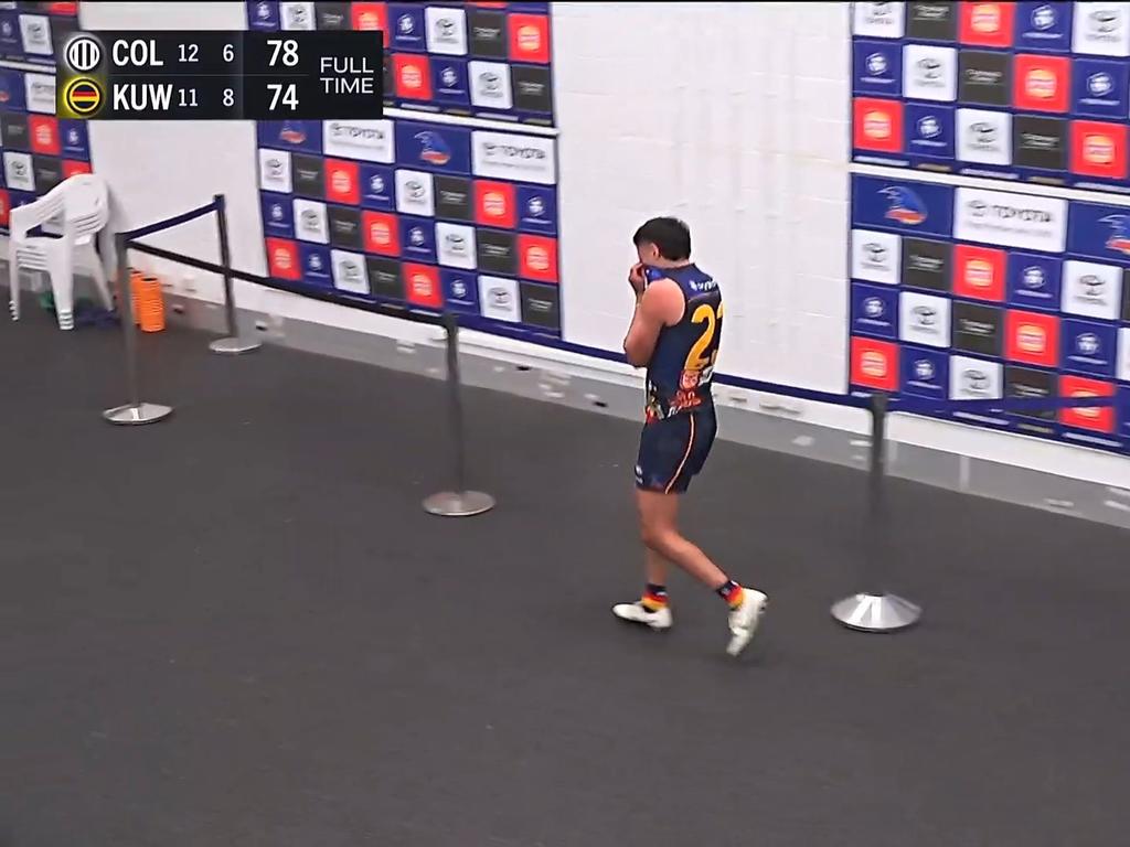 Rankine looked distraught in the rooms after his apparent injury. Photo: Fox Sports