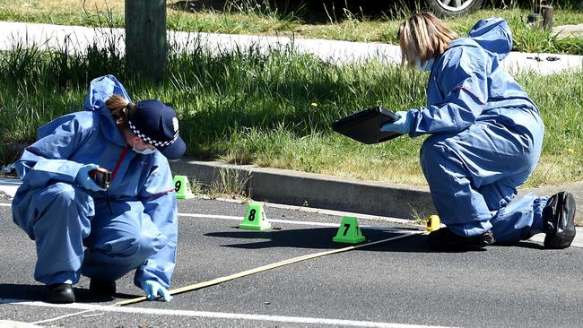 Forensic police at the scene of the Thomastown shooting. Picture: Nicole Garmston