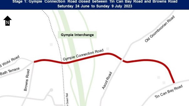 The Gympie Connection Rd between Browns Rd and Tin Can Bay Rd will be shut from Saturday, June 24 to Sunday, July 9.