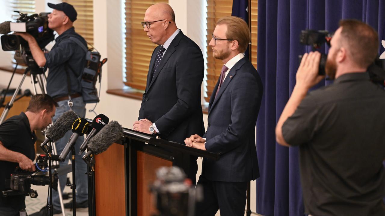 Mr Dutton and Senator James Paterson held a press conference at Parliament House in Canberra on Thursday outlining their concerns. Picture: NewsWire / Martin Ollman