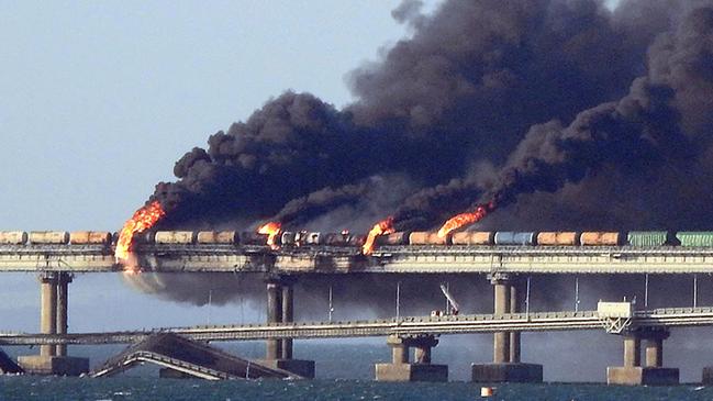 The Russian-built Kerch bridge linking mainland Russia and Moscow-annexed Crimea was damaged in a blast last October. Picture: AFP