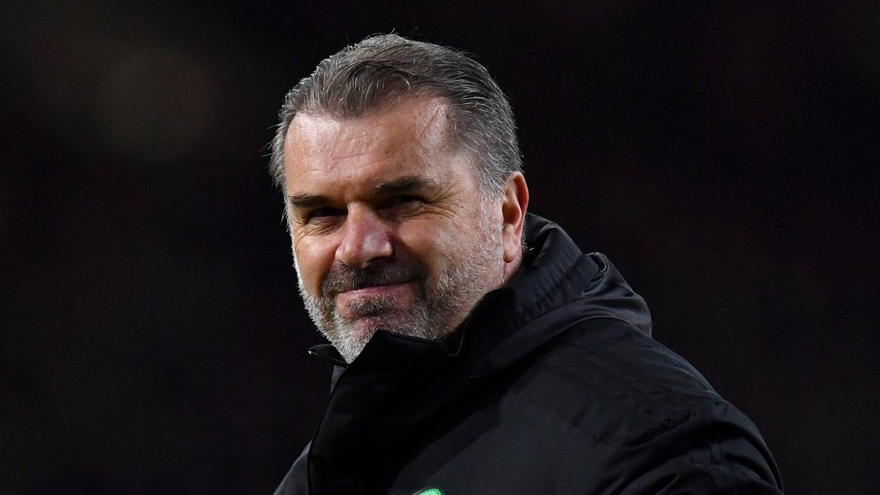 GLASGOW, SCOTLAND - FEBRUARY 02: Ange Postecoglou, manager of Celtic celebrates victory in front of the fans after the Cinch Scottish Premiership match between Celtic FC and Rangers FC at on February 02, 2022 in Glasgow, Scotland. (Photo by Mark Runnacles/Getty Images)