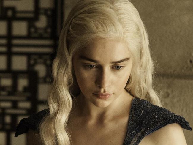 In this image released by HBO, Daenerys Targaryen, portrayed by Emilia Clarke, appears in a scene from season four of "Game of Thrones." The season five premiere airs on Sunday. (AP Photo/HBO, Helen Sloan)