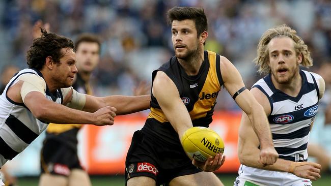 Trent Cotchin in action against the Cats. Picture: Wayne Ludbey