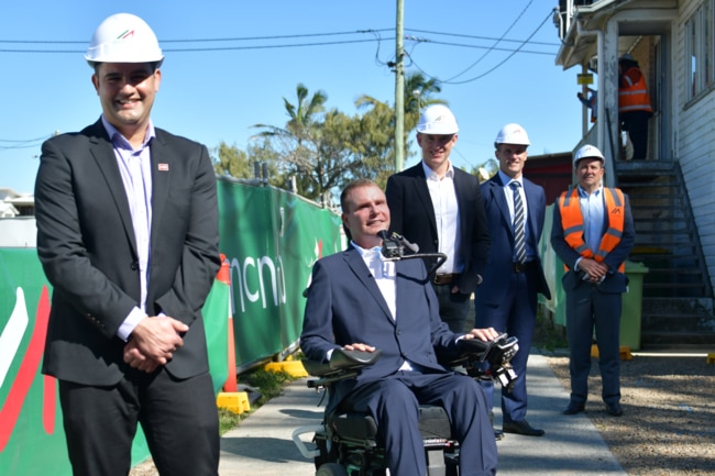 MS Queensland’s Zane Ali, founder of Accessible Homes Australia (AHA) Perry Cross with Minister for NDIS Stuart Robert, AHA managing director Tom Ray and McNab managing director Michael McNab.