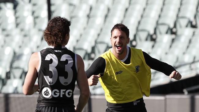 AFL - Showdown - Port training at Adelaide oval ahead of Showdown 46. Travis Boak celebrates saving a goal from Darcy Byrne-Jones in a quick soccer game. Picture SARAH REED