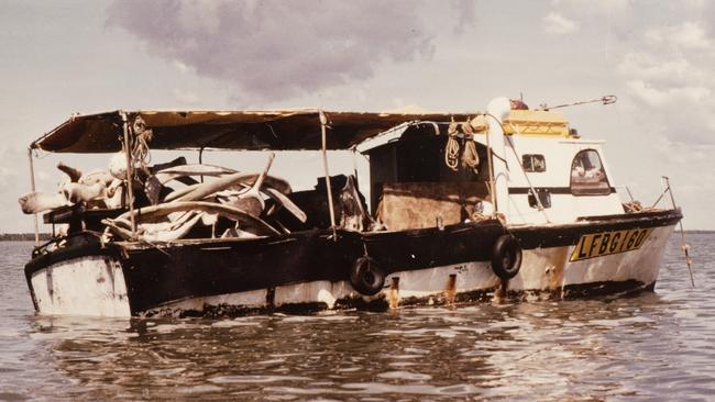 Barramundi boat loaded with whale bones off Cape Hotham. April 1981. Picture: Ian Archibald