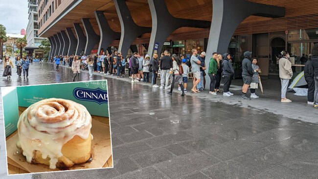 The queue stretches down into Haymarket as Cinnabon opened its Sydney store. Pictures: Supplied