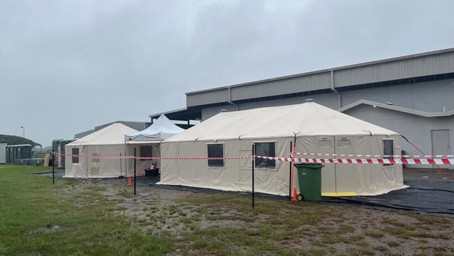 The Queensland Fire and Rescue Service Flexible Habitat decontamination station at the Showgrounds in Ingham. Picture: Cameron Bates