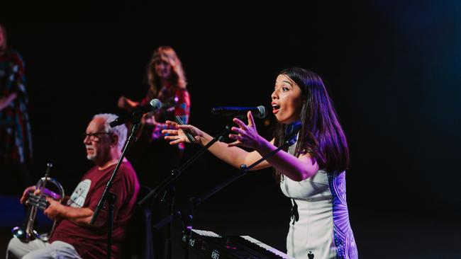 Astrid Jorgensen, founding director of Pub Choir, performing at The Fortitude Music Hall in Brisbane, March 2023. Picture: Jacob Morrison