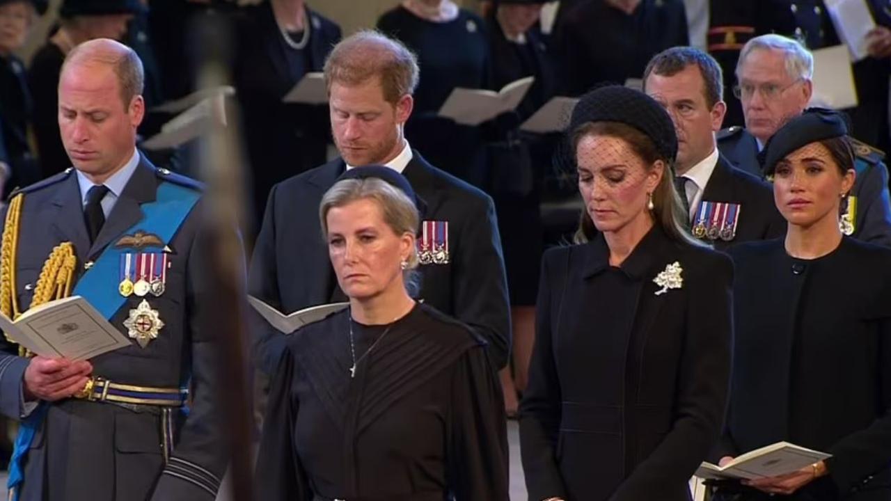 Prince William, Prince Harry, Kate Middleton and Meghan Markle stood together at the Queen’s service at Westminster Hall. Picture: BBC Grab for Sally Willoughby