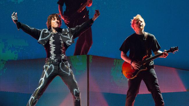 Oli Sykes of Bring Me the Horizon and Ed Sheeran perform at Reading Festival. Picture: Joseph Okpako/WireImage.