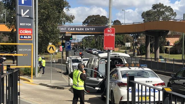 Emergency crews at Balmoral St, outside Westpoint Blacktown, after a man reportedly fell from the rooftop carpark on Thursday. Picture: Supplied