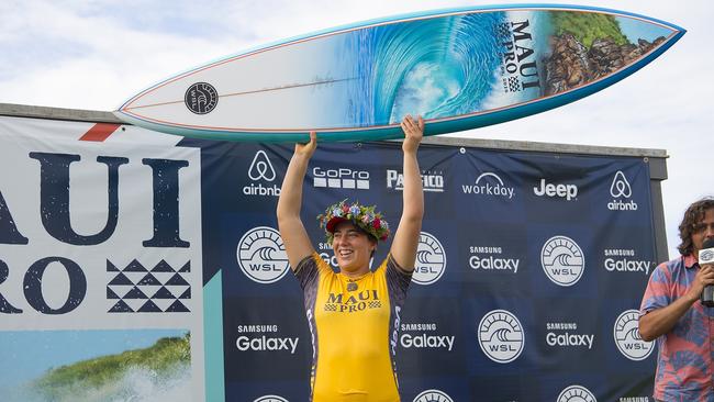 Tyler Wright celebrating her victory at the Maui Pro.