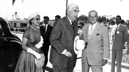 Prime Minister Robert Menzies and Dame Pattie Menzies were welcomed to the opening ceremony by APM Chairman of Directors, E. Telford Simpson. Picture: Moreton Bay Regional Council.