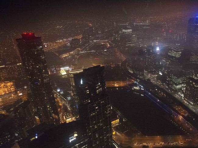 Fog over Melbourne last night seen from the Eureka Skydeck. Picture: Ellen Smith