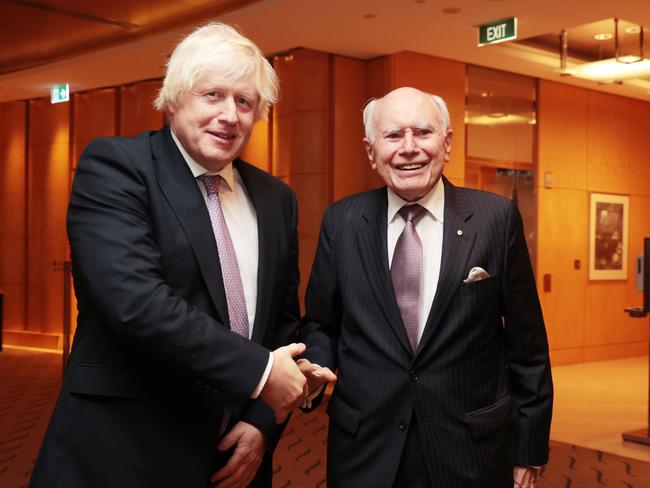 Former Prime Ministers (L-R) Boris Johnson and John Howard giving the John Howard Lecture for the Menzies Research Centre. Jane Dempster/The Australian.