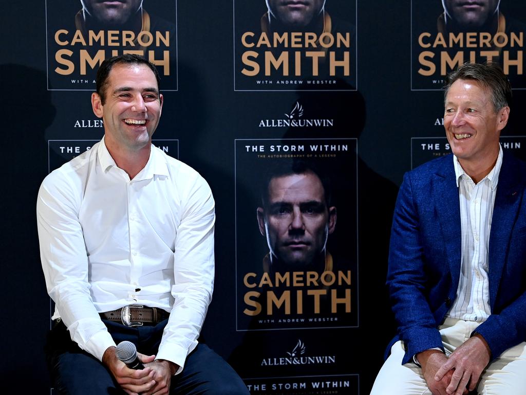 Cameron Smith has a laugh with his Coach Craig Bellamy during a press conference to release his autobiography.