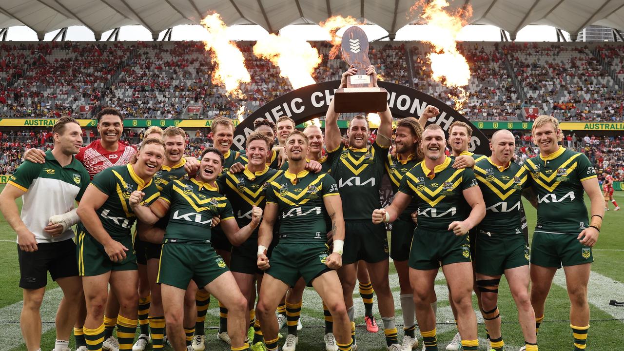 The Kangaroos celebrate their Pacific Cup win against Tonga. Picture: Matt King/Getty Images