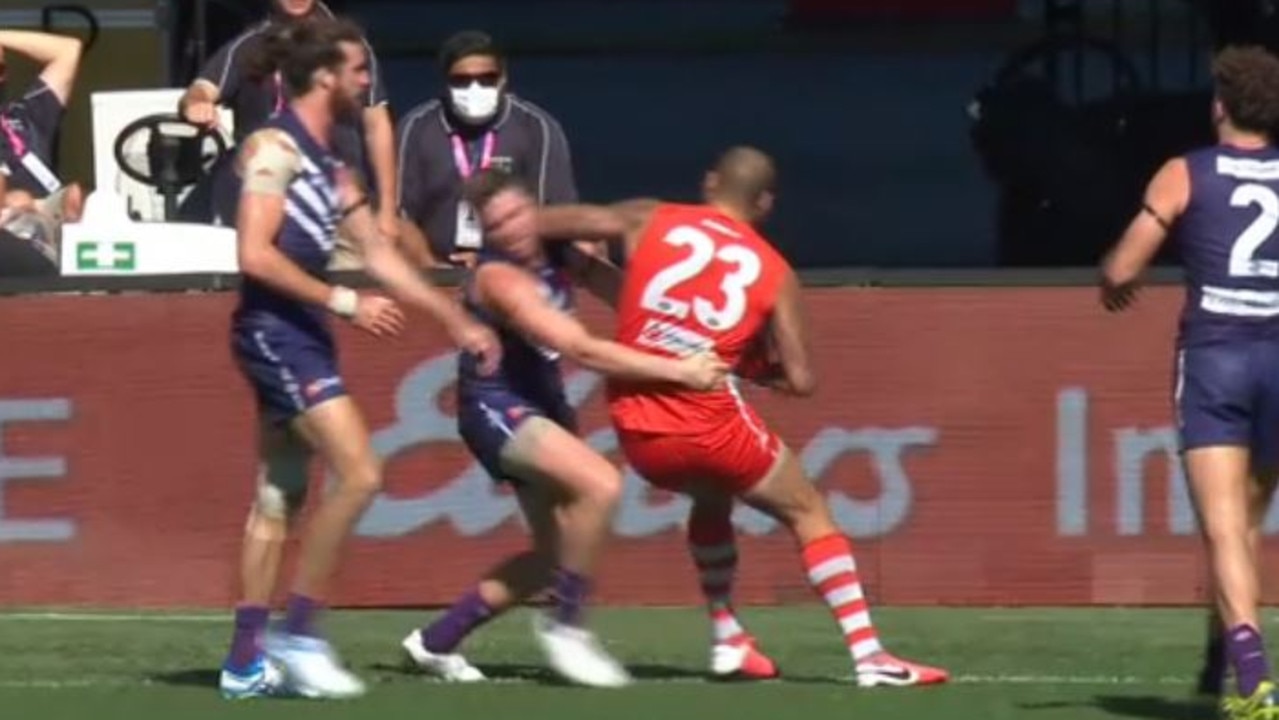 Lance Franklin made contact with Docker Luke Ryan.