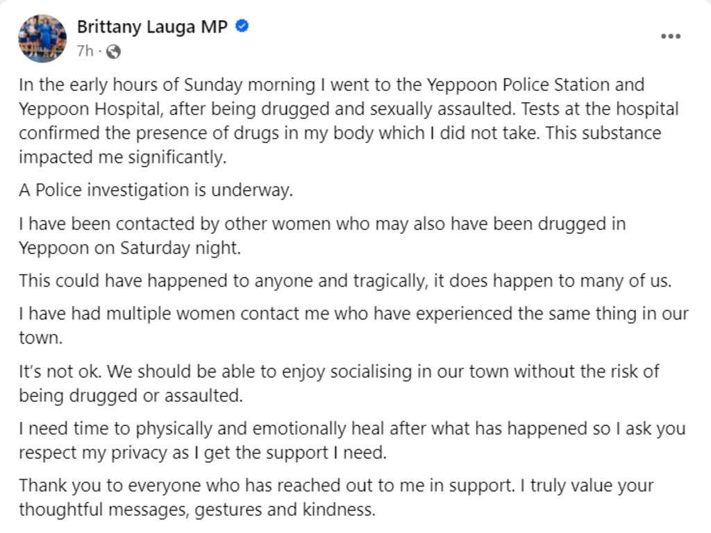 Queensland MP and member for Keppel Brittany Lauga posted on Instagram claiming she was drugged and sexually assaulted on a night out, with a video circulating of the incident on Snapchat. Source: Facebook