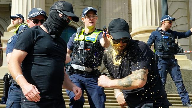 Neo-Nazi sympathisers attempt to gatecrash the ‘No’ to the Voice rally. Picture: NewsWire