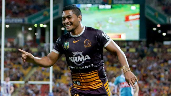 Anthony Milford of Brisbane celebrates his try during the NRL match between the Brisbane Broncos and the Newcastle Knights. Pic Darren England.