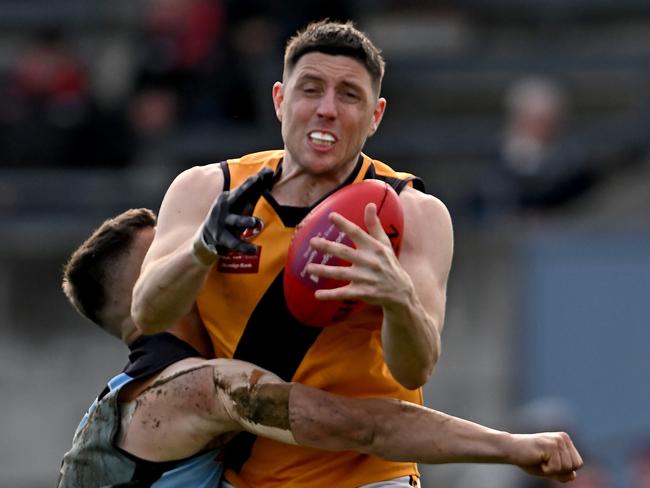 StrathmoreÃs Nicholas O'Brien during the EDFL Premier Division grand final between Aberfeldie and Strathmore at Windy Hill Oval in Essendon, Saturday, Sept. 10, 2022. Picture: Andy Brownbill