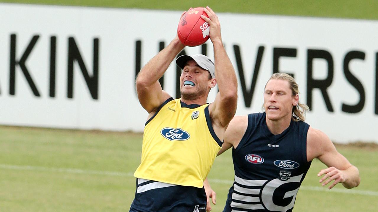Tom Hawkins and Mark Blicavs could take their Cats training battles to the State of Origin field. Picture: Alison Wynd