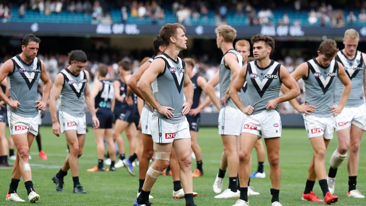 Port Adelaide players after Sunday’s loss to the Blues. Picture: Michael Willson/AFL Photos