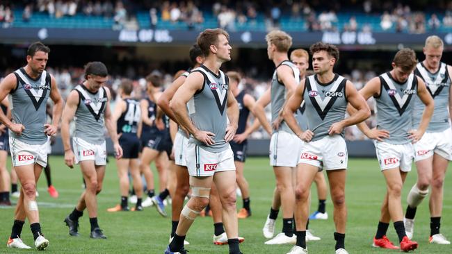 Port Adelaide players after Sunday’s loss to the Blues. Picture: Michael Willson/AFL Photos