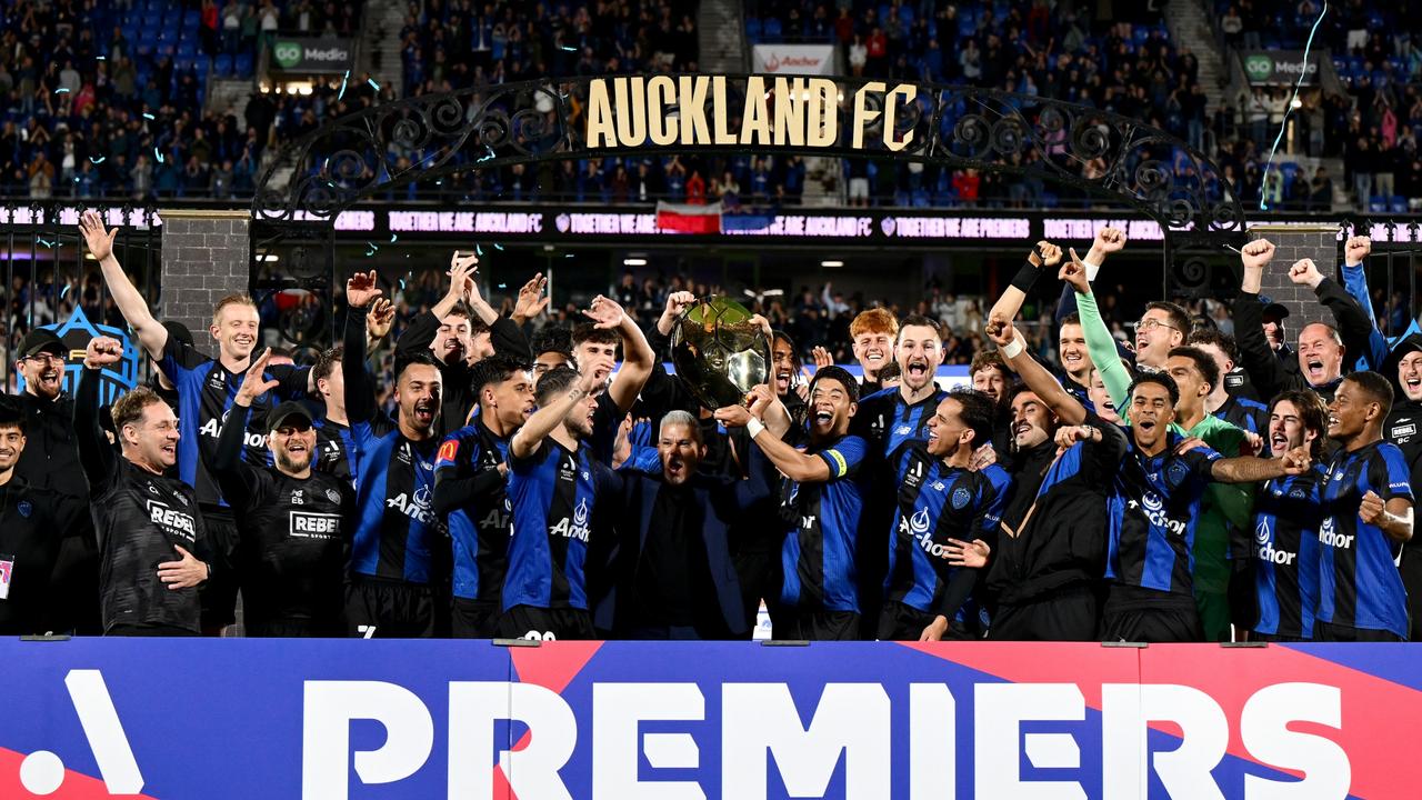 Auckland FC celebrates its premiership. Photo: Hannah Peters/Getty Images.