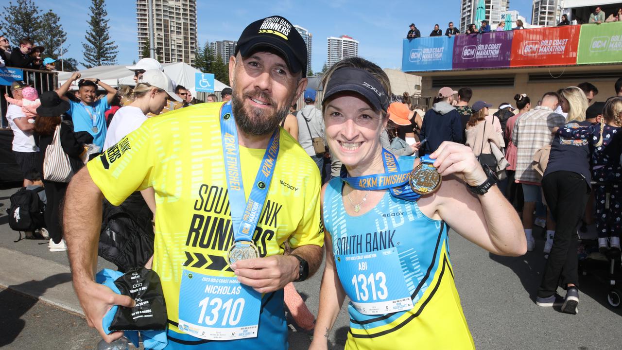 GOLD COAST MARATHON DAY 02/07/23Nicholas Boyle and Abbie Hurdley after finishing the 42KM event on the Gold Coast.Picture: Glenn Campbell