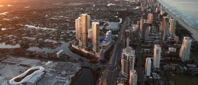 The Star Gold Coast Masterplan Development (viewed from the South East) at its island site at Broadbeach where the two existing towers will be joined by a Dorsett hotel tower now under construction followed by four more proposed towers intended to be rolled out progressively every two years through until 2028