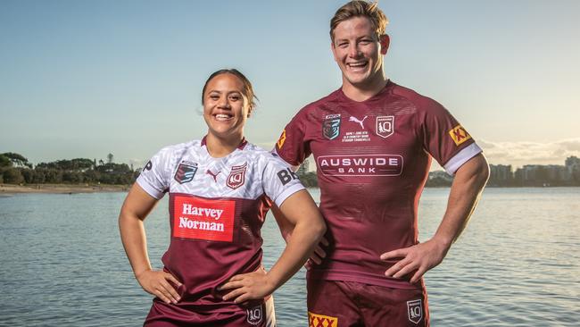 Maroons State of Origin hookers Destiny Brill and Harry Grant. Picture: Brad Fleet