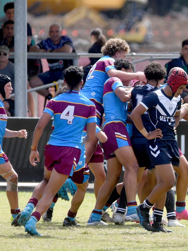 Queensland School Rugby League Championship Finals at Jack Manski Oval, Townsville. UNDER 15 grand final. South Coast celebrate try to Christian Rivers to seal game. Picture: Evan Morgan