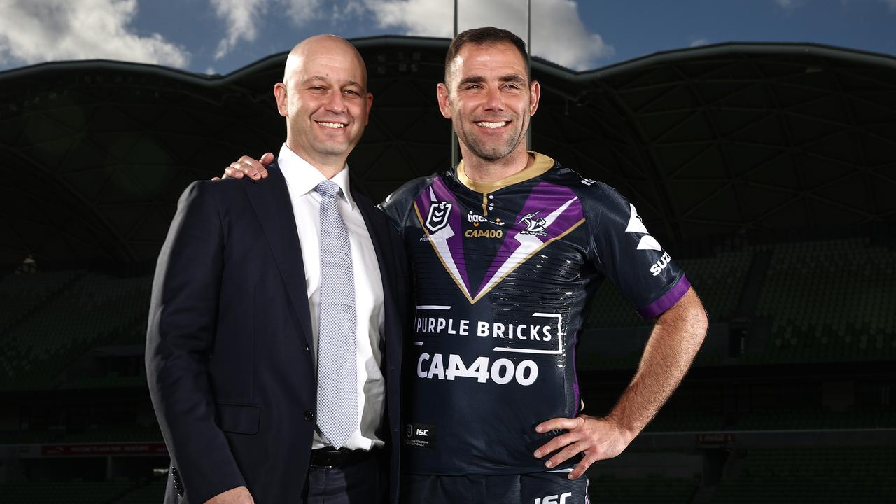 Cameron Smith (R) of the Storm and NRL CEO Todd Greenberg ahead of Smith’s 400th NRL game.